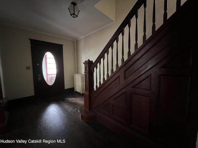 entryway featuring crown molding, radiator heating unit, dark wood-style floors, and stairway