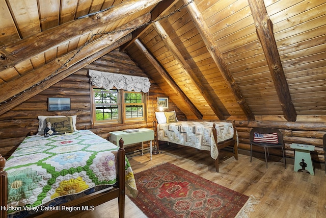 277 Patterson Ln, West Camp, NY 12490 - bedroom with wooden ceiling, wood-type flooring, and log walls