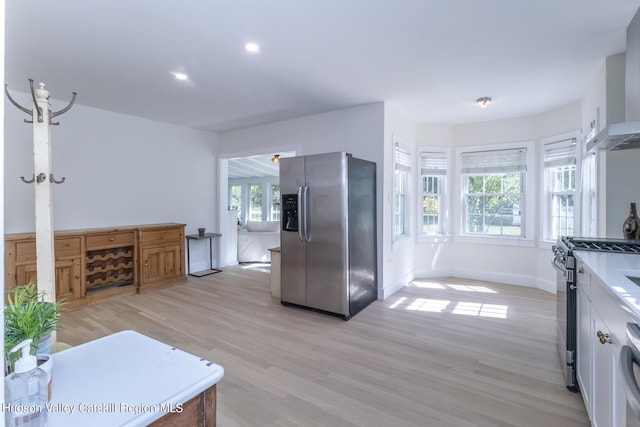 kitchen featuring a healthy amount of sunlight, light wood-type flooring, stainless steel appliances, and white cabinetry