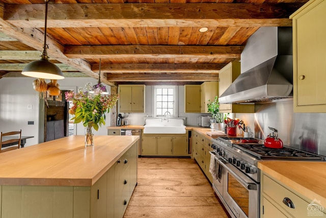 118 Finkle Rd, Ancram, NY 12503 - kitchen featuring stainless steel appliances, a sink, wood counters, light wood-style flooring, and wooden ceiling