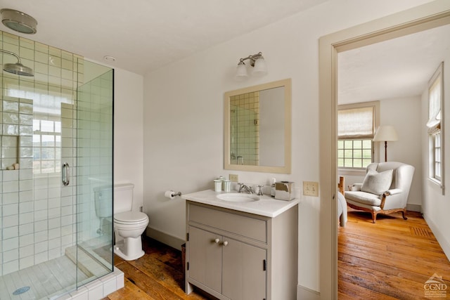 118 Finkle Rd, Ancram, NY 12503 - bathroom with hardwood / wood-style floors, a stall shower, toilet, and vanity