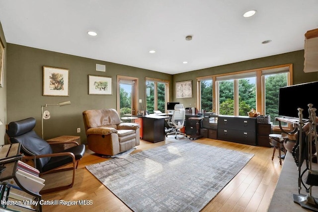 office space with light hardwood / wood-style flooring