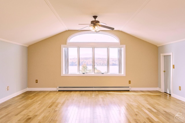 38 Cheviot Rd Unit 8, Germantown, NY 12526 - additional living space with a baseboard radiator, light wood-style floors, ceiling fan, vaulted ceiling, and baseboards