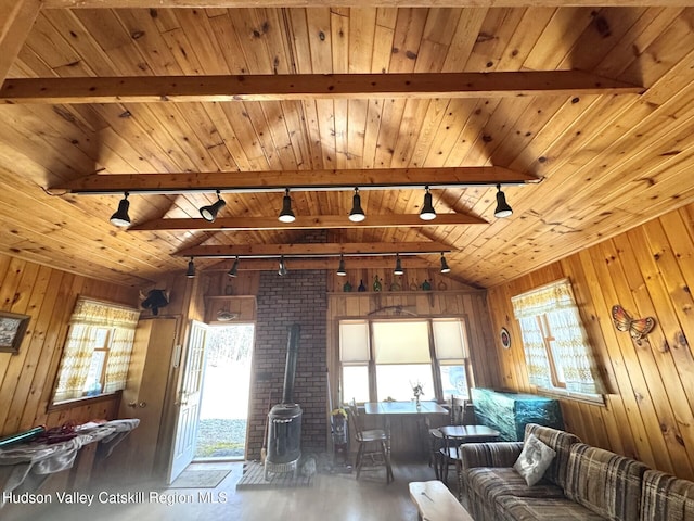 258 Watson Hollow Rd, West Shokan, NY 12494 - living room featuring track lighting, a wood stove, wood ceiling, wooden walls, and healthy amount of natural light