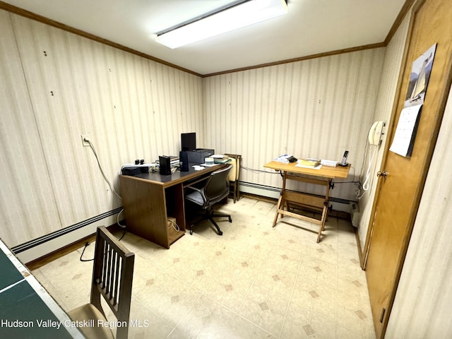 258 Watson Hollow Rd, West Shokan, NY 12494 - office space with baseboard heating, light flooring, and crown molding
