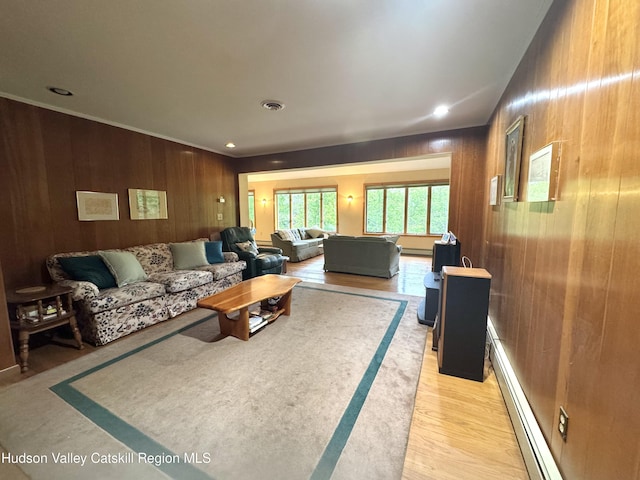 258 Watson Hollow Rd, West Shokan, NY 12494 - living room featuring wooden walls, light wood-style floors, and recessed lighting