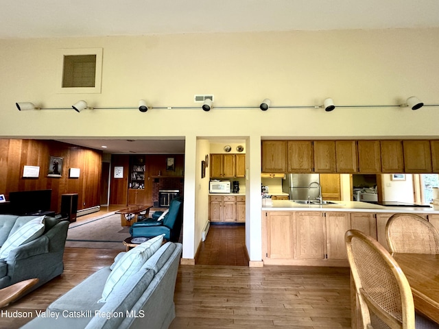 258 Watson Hollow Rd, West Shokan, NY 12494 - living room featuring dark wood-style floors, wood walls, and a baseboard heating unit