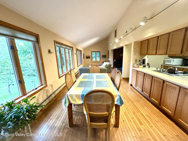 258 Watson Hollow Rd, West Shokan, NY 12494 - dining room with light wood-type flooring, a baseboard heating unit, and vaulted ceiling