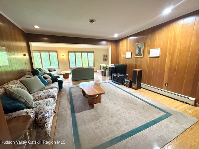 258 Watson Hollow Rd, West Shokan, NY 12494 - living area with wood finished floors, wood walls, a baseboard radiator, and recessed lighting