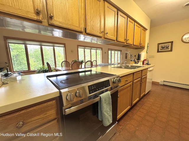 258 Watson Hollow Rd, West Shokan, NY 12494 - kitchen featuring electric stove, a sink, a baseboard radiator, and brown cabinetry