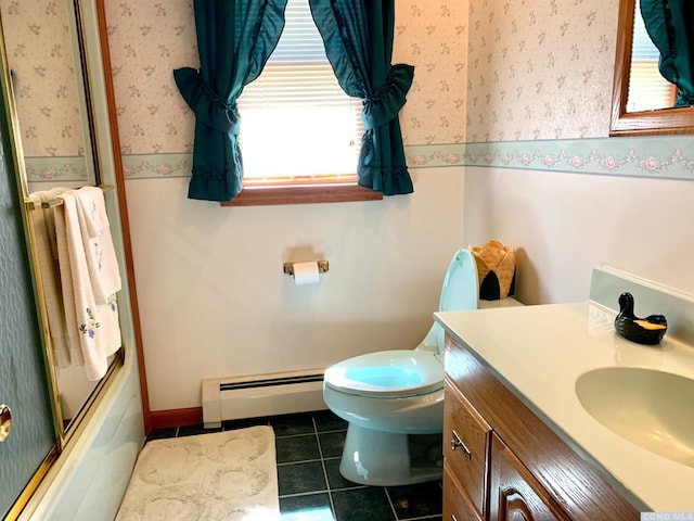 160 Willowbrook Rd, Hudson, NY 12534 - bathroom featuring a baseboard heating unit, wallpapered walls, vanity, tile patterned floors, and bath / shower combo with glass door
