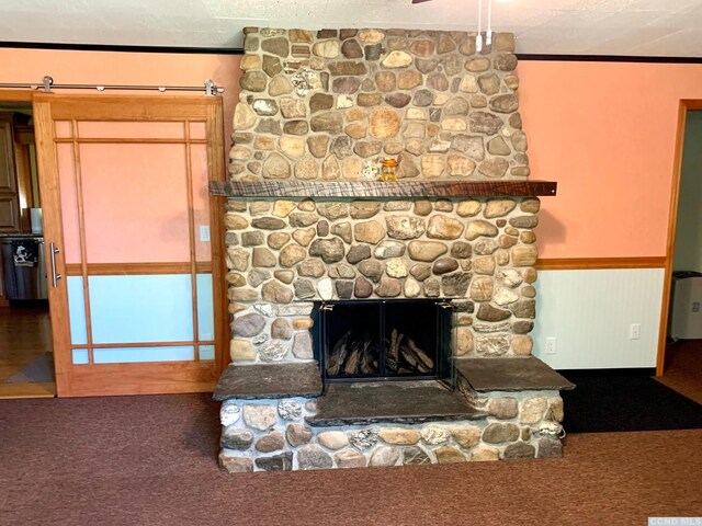 160 Willowbrook Rd, Hudson, NY 12534 - detailed view of carpet floors, wainscoting, a stone fireplace, and ornamental molding