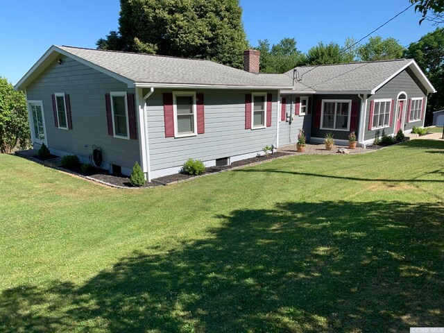 160 Willowbrook Rd, Hudson, NY 12534 - ranch-style house with a chimney, a front lawn, and a shingled roof