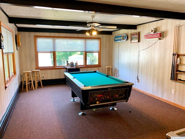 160 Willowbrook Rd, Hudson, NY 12534 - recreation room with beam ceiling, carpet, billiards, baseboard heating, and ceiling fan