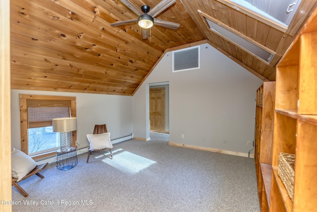 living area featuring lofted ceiling with skylight, wooden ceiling, carpet flooring, ceiling fan, and a baseboard heating unit