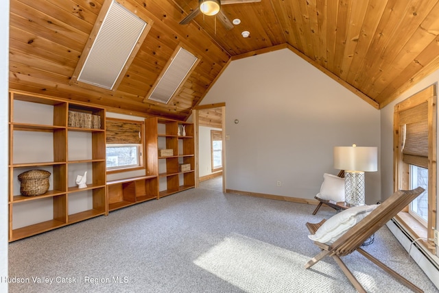 unfurnished room featuring ceiling fan, a baseboard heating unit, high vaulted ceiling, carpet, and wooden ceiling