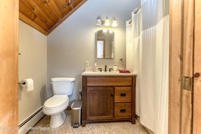 bathroom featuring lofted ceiling, a baseboard heating unit, vanity, wooden ceiling, and toilet