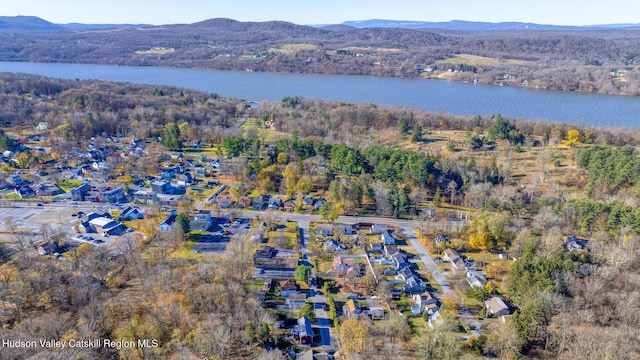 bird's eye view featuring a water and mountain view