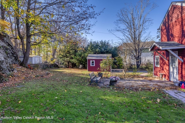 view of yard featuring a storage shed