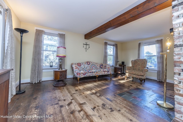 living area featuring beam ceiling, plenty of natural light, and hardwood / wood-style flooring