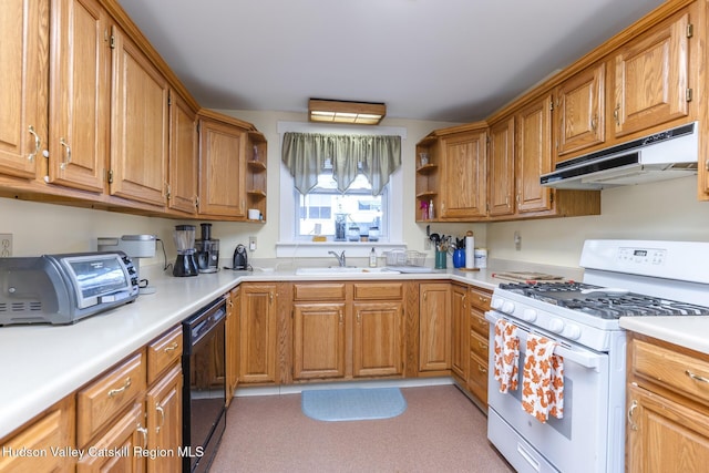 kitchen featuring dishwasher, white gas stove, and sink