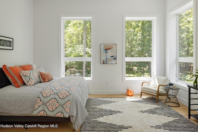 bedroom with multiple windows and light hardwood / wood-style floors