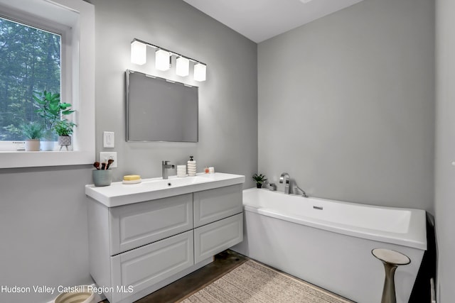 bathroom with hardwood / wood-style floors, plenty of natural light, a bathing tub, and vanity