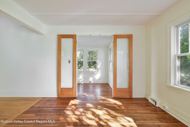 doorway to outside featuring french doors, dark hardwood / wood-style floors, and a baseboard radiator