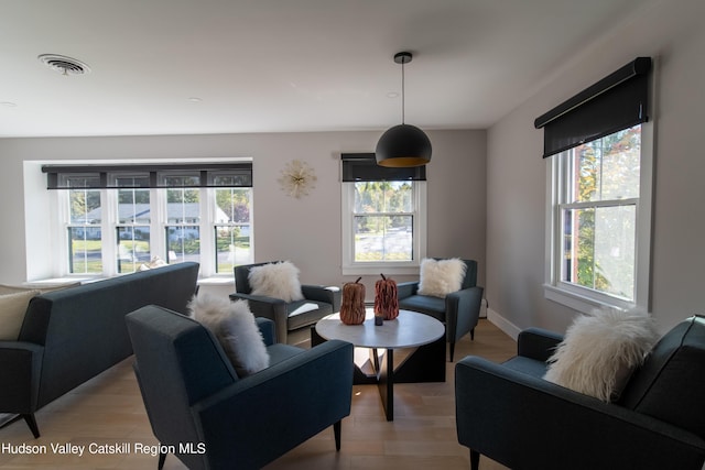 living room with a wealth of natural light and light wood-type flooring