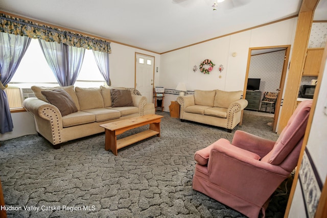 199 Echo Hill Rd, Saugerties, NY 12477 - living room with carpet floors, crown molding, and ceiling fan