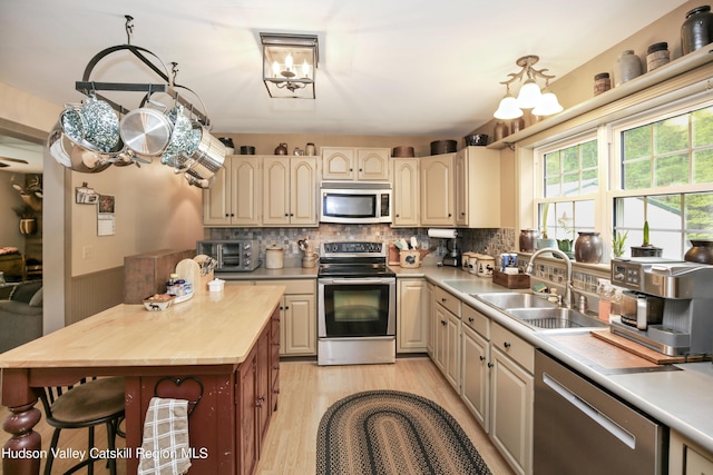 199 Echo Hill Rd, Saugerties, NY 12477 - kitchen with appliances with stainless steel finishes, tasteful backsplash, a sink, light wood-style floors, and a breakfast bar