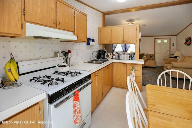 199 Echo Hill Rd, Saugerties, NY 12477 - kitchen featuring gas range gas stove, wallpapered walls, light countertops, under cabinet range hood, and a sink