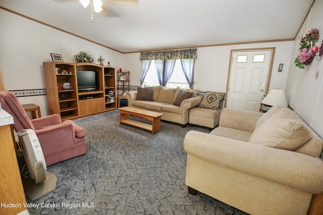 199 Echo Hill Rd, Saugerties, NY 12477 - living area featuring ornamental molding, ceiling fan, and lofted ceiling