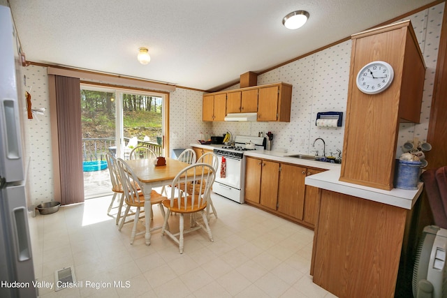 199 Echo Hill Rd, Saugerties, NY 12477 - kitchen with crown molding, a sink, white appliances, and wallpapered walls