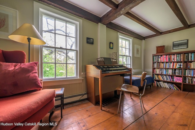 1250 County Route 351, Rensselaerville, NY 12147 - office area with a baseboard radiator, beam ceiling, and hardwood / wood-style flooring
