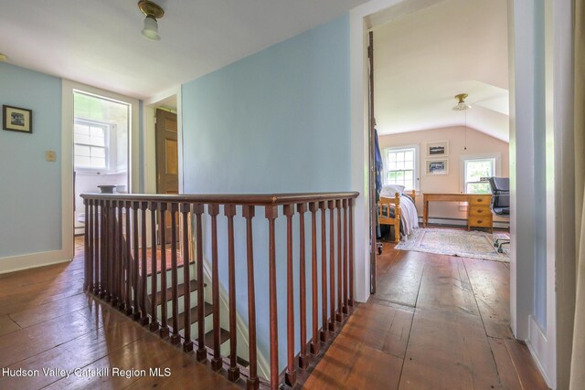 1250 County Route 351, Rensselaerville, NY 12147 - hall featuring hardwood / wood-style flooring, an upstairs landing, and a desk