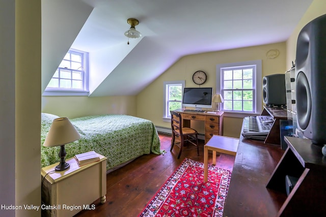 1250 County Route 351, Rensselaerville, NY 12147 - bedroom with multiple windows, vaulted ceiling, hardwood / wood-style floors, and a desk