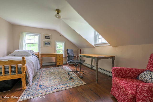 1250 County Route 351, Rensselaerville, NY 12147 - bedroom with hardwood / wood-style floors, a baseboard heating unit, and lofted ceiling