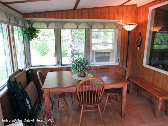 70 Watson Hollow Rd, West Shokan, NY 12494 - dining room featuring wooden walls and cooling unit