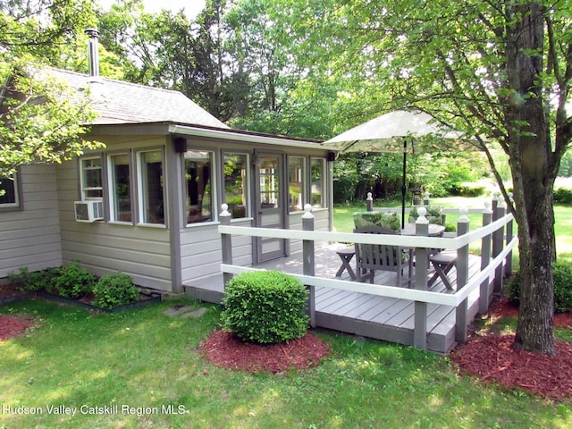 70 Watson Hollow Rd, West Shokan, NY 12494 - wooden terrace featuring a sunroom, a lawn, outdoor dining space, and cooling unit