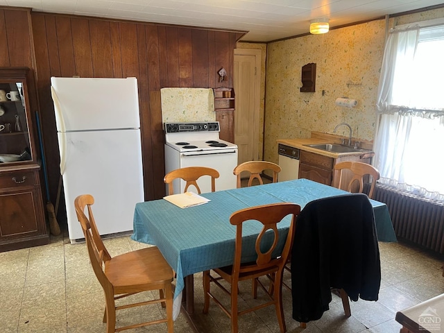 kitchen featuring white appliances, a sink, light countertops, wood walls, and radiator heating unit