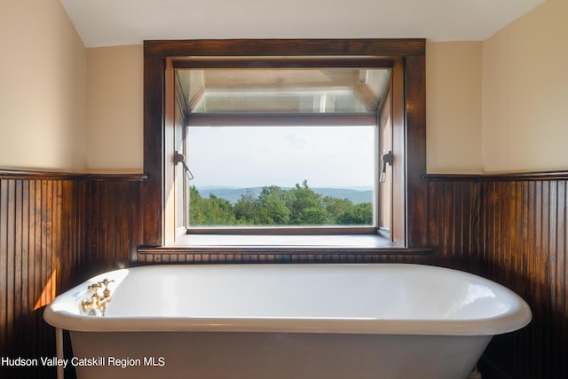 bathroom featuring a tub to relax in, wood walls, and plenty of natural light