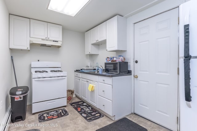 kitchen with gas range gas stove, a baseboard heating unit, under cabinet range hood, and white cabinets