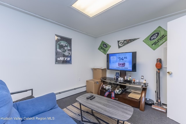 carpeted living area featuring baseboard heating