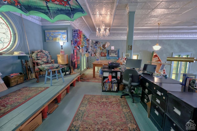 380 Main St, New Baltimore, NY 12124 - home office with a chandelier, ornamental molding, and an ornate ceiling