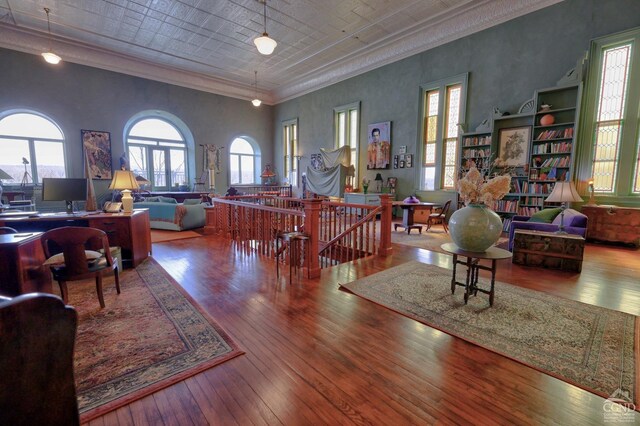 380 Main St, New Baltimore, NY 12124 - living area featuring hardwood / wood-style floors, crown molding, and a desk