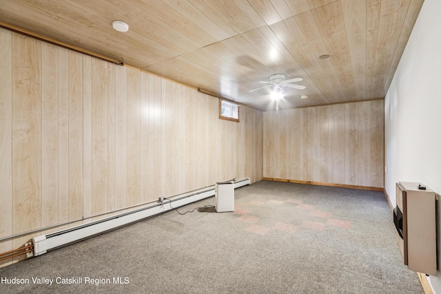 109 Union St, Middleburgh, NY 12122 - carpeted empty room featuring baseboard heating, wood walls, heating unit, wood ceiling, and a ceiling fan