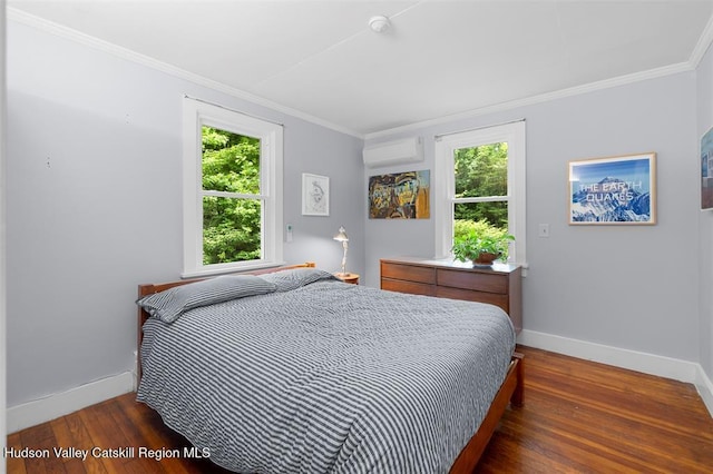 370 N Elting Corners Rd, Highland, NY 12528 - bedroom featuring baseboards, wood finished floors, multiple windows, ornamental molding, and a wall mounted air conditioner