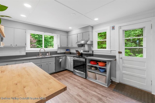 370 N Elting Corners Rd, Highland, NY 12528 - kitchen with stainless steel appliances, under cabinet range hood, a sink, light wood-style flooring, and dark countertops