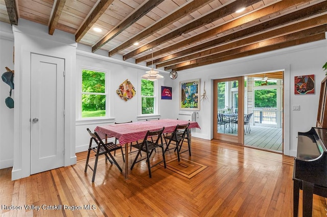 370 N Elting Corners Rd, Highland, NY 12528 - dining room with wood ceiling with exposed beams, light wood-style floors, and baseboards